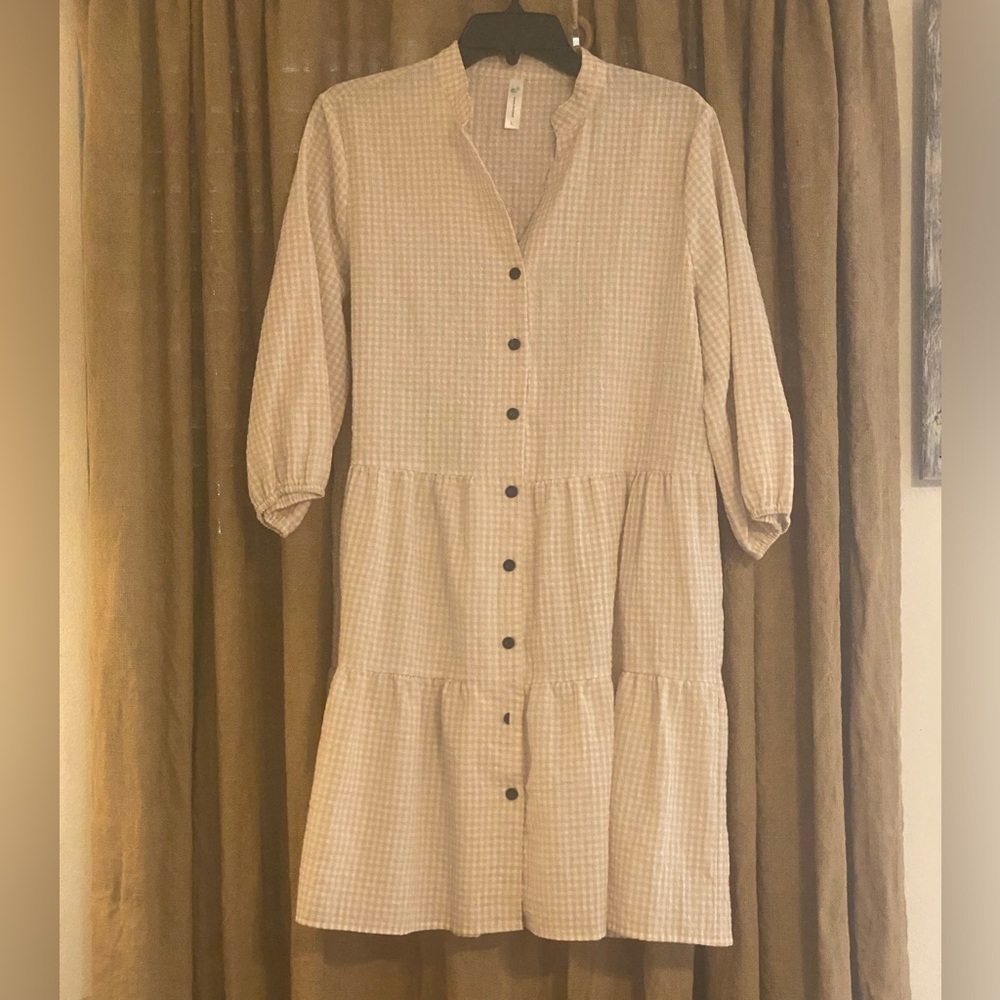 Cream & white checkered dress with buttons up the front
